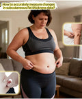Ultra Accurate Body Fat Caliper With Dual Metric And Imperial Scales For Men And Women Portable Skinfold Tester For Home Gym Or Travel Easy Readout And Precise Millimeter Measurements For Real Progress. Woman measuring abdomen skinfold at home