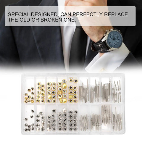 Pro Grade Watch Stem Extender And Crown Replacement Parts Kit With Storage Box, gold and silver components shown