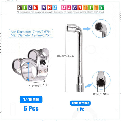 Glarks 6Pcs 17–19mm 304 stainless steel T-bolt hose clamps for 0.7–0.75 in hoses, includes 8mm wrench