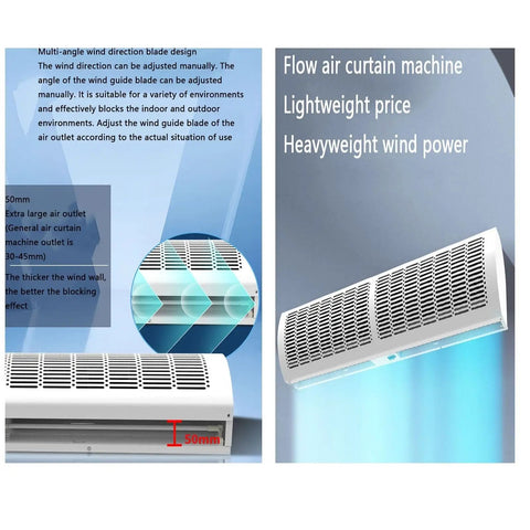 Heavy Duty Wall Mount Air Curtain With Dual Speed Remote showing adjustable wind direction blade design and large air outlet.
