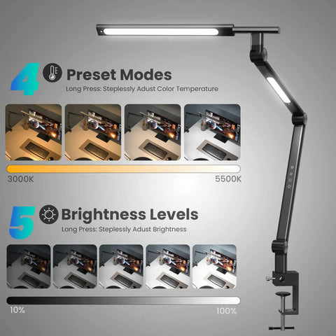 LED Desk Lamp With Clamp For Home Office, Dual Light Source 18W, Eye Caring Fresnel Lens, Stepless Brightness, Flicker Free, 1600 Lumens, brightness and color modes shown