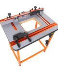 Essential Router Table Upgrade Kit Featuring Micro Adjustable Aluminum Fence With Dual Bearing Guide Rails For Dead Nuts Alignment and Butter Smooth Cutting Action To Level Up Your Woodshop Game on gray and orange table.