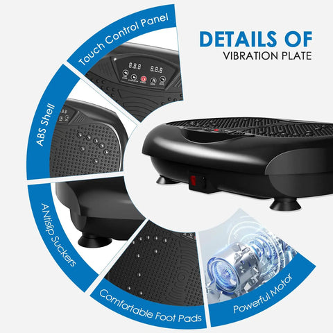 Details of Vibration Plate Exercise Machine for Whole Body Workout and Weight Loss at Home, showing features and materials.