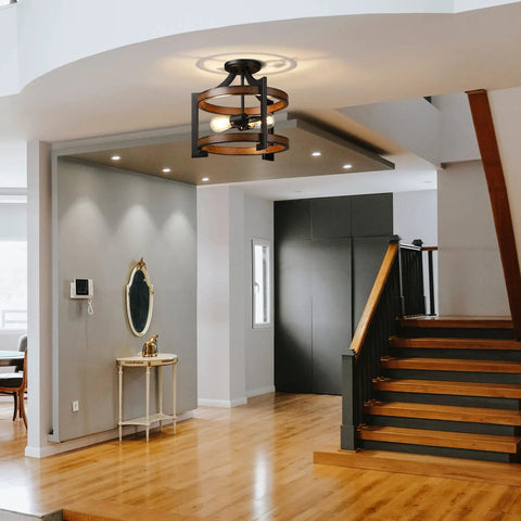 Semi Flush Mount Ceiling Light Fixture With Detachable Chain In Dope Farmhouse Metal Wood Grain Finish illuminating a modern foyer.