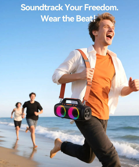Man running on beach holding Roar 1 Portable Bluetooth Speaker With 60W Power And JIKE Bass Algorithm Delivers Deep Bass At All Volumes