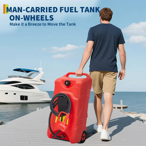 Man transporting Upgraded 16 Gallon Gas Tank With Manual Transfer Pump And 10 Ft Hose Portable Gas Can On Casters near a boat