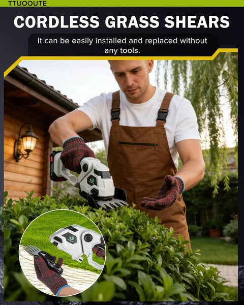 Person using Cordless Hedge Trimmer And Grass Shear Combo With A 5.3 Inch Wide Blade Dual Battery Pack in garden.