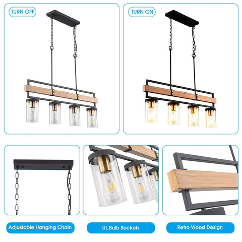 4 Light Farmhouse Kitchen Island Pendant Light with Black Metal and Wood Finish, 36 Inch Linear Chandelier Detail Views