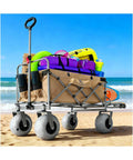 Beach Wagon With Big 10 Inch Balloon Wheels For Sand And All Terrain, Heavy Duty Foldable Cart That Handles 450 Pounds, Removable Design