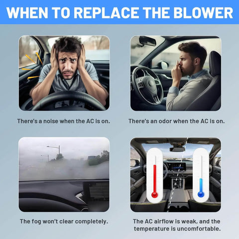 Infographic showing signs to replace blower motor: noise, odor, persistent fogging, weak airflow in vehicle's AC system.
