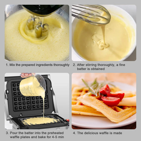 Killer Replacement Waffle Plates That Make Your Countertop Grill Work Smoother Than Ever Foolproof Nonstick Surface Delivers Fluffy Golden Waffles Daily Easy Drop In Fit For Multiple Series Models, image showing waffle batter preparation steps.