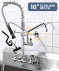 Pro Grade Commercial Kitchen Faucet With Pre Rinse Sprayer Wall Mount Eight Inch Center Nine Point Six Inch Swing Add On Spout Twenty Five Inch Height Pull Down Spray For Busy Prep Stations front view