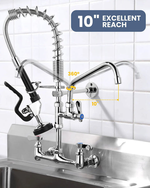 Pro Grade Commercial Kitchen Faucet With Pre Rinse Sprayer Wall Mount Eight Inch Center Nine Point Six Inch Swing Add On Spout Twenty Five Inch Height Pull Down Spray For Busy Prep Stations front view