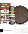 Totally Non Toxic Water Based Wood Stain For Raw Wood And Furniture Dark Oak Shade with applicator and protective gear.