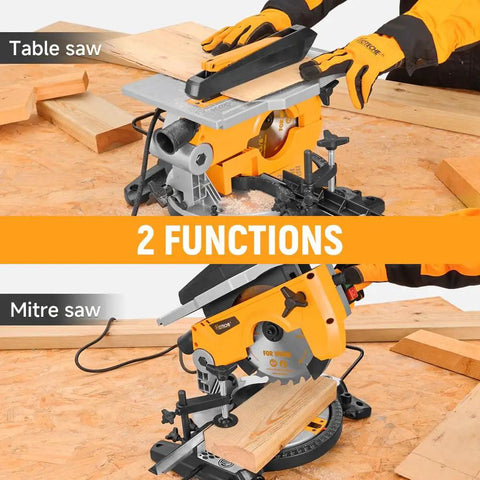 Eight and a Quarter Inch Two In One Compound Miter Saw and Table Saw for Wood and Metal, 10 Amp Dual-Function Power Tool