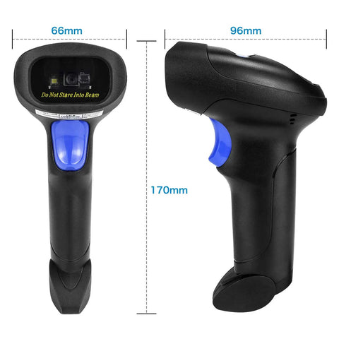 Front and side view of Portable Wireless 1D 2D Barcode Scanner With Stand For Quick Paper And Screen Scans, handheld device