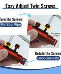Close-up of broken threaded pipe extractor tool in red, showing adjustable twin screws with hex wrench for 1/2 to 1 inch pipes.