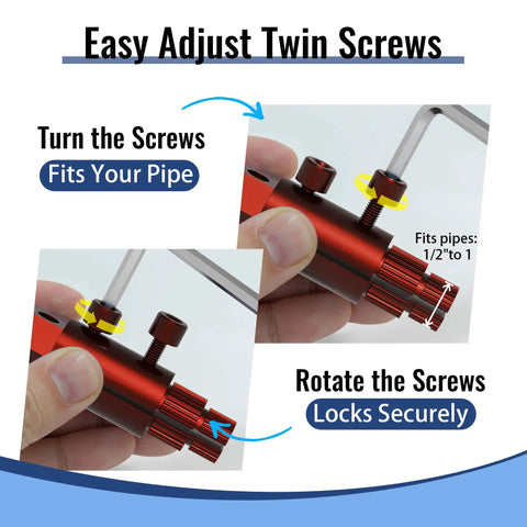 Close-up of broken threaded pipe extractor tool in red, showing adjustable twin screws with hex wrench for 1/2 to 1 inch pipes.