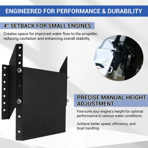 4 Inch Setback Outboard Jack Plate For Small Boats Up To 35 HP With Manual Height Range From Zero To One Hundred Millimeters In Twenty Millimeter Increments From Engine To Transom And Wooden Mounting Block Included Compatible With Yamaha Mercury Honda black steel jack plate on boat transom