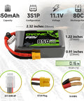 Beast Mode 850mAh 11.1V 3S LiPo Battery Pack With XT30 Connector product dimensions and specifications