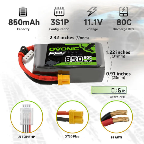Beast Mode 850mAh 11.1V 3S LiPo Battery Pack With XT30 Connector product dimensions and specifications