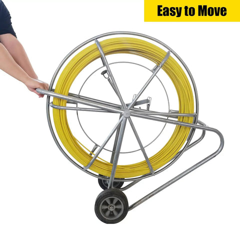 Heavy Duty 12mm Fiberglass Fish Tape With Reinforced Steel Core Non Conductive Cable Puller And Conduit Rodder on a wheeled cart for easy transport.