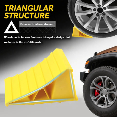 Heavy Duty Wheel Chocks 2 Pack For Trailers And RVs Non Slip Triangular Tire Blocks With Double Sided Serrated Grip shown in use