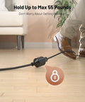 Six Foot Indoor Outdoor Extension Cord With Flat Plug Locking 35 Degree Plug Three Prong Grounded 16 AWG 125V 1625W UL Listed Black Workhorse For Tools And Outdoor Gear in use on hardwood floor supporting 55 pounds