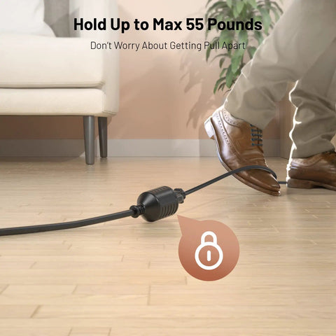 Six Foot Indoor Outdoor Extension Cord With Flat Plug Locking 35 Degree Plug Three Prong Grounded 16 AWG 125V 1625W UL Listed Black Workhorse For Tools And Outdoor Gear in use on hardwood floor supporting 55 pounds