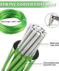 All In One Outdoor 100 Ft PVC Coated Steel Cable Kit with multi-strand design, highlighting green PVC exterior and cable measurement.