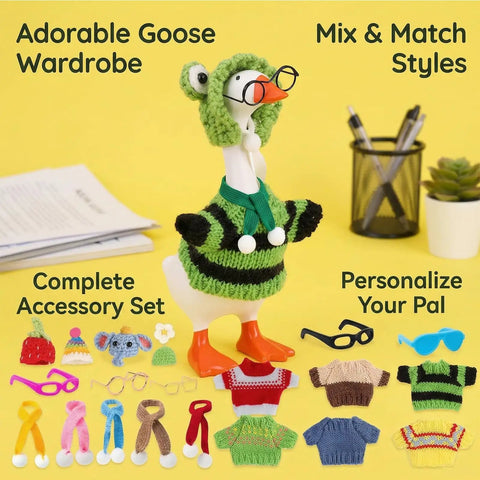 Six Piece 7 Inch Desk Goose Outfit Kit with knit sweater, hat, and accessories for mini goose statues on a yellow background.