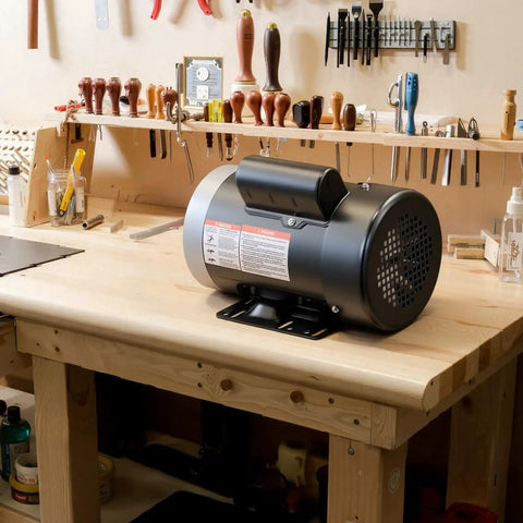 Beefy 1HP Air Compressor Electric Motor on workbench, 1725 RPM, 56 Frame, 5/8 inch shaft, single phase, TEFC, 115V/230V
