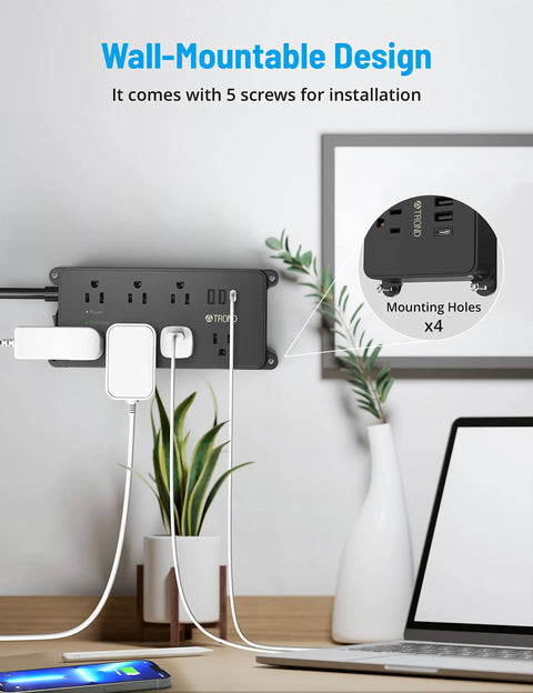 Wall-mounted 2 Prong To 3 Prong Power Strip With 7 Widely Spaced Outlets And 3 USB Ports Including USB C, black on desk.