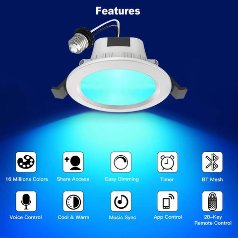4 Inch Smart LED Recessed Downlight Kit With 9W E26 Base displaying blue light and feature icons for Bluetooth mesh and dimming.