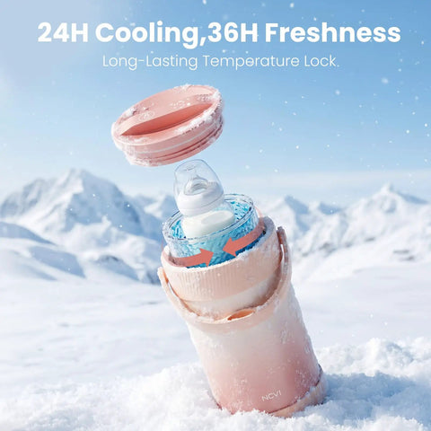Portable Breast Milk Storage Bottle Smart Temperature Display 20 Oz Insulated Chiller Pink in snowy landscape, with lid open and milk visible.