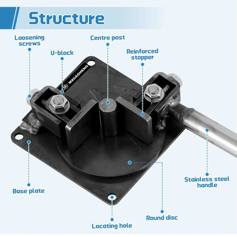Heavy Duty Manual Rebar Bender For Steel Bars Up To 14Mm Adjustable Bending Angle Up To 200 Degrees Stainless Steel Handle showing construction details.