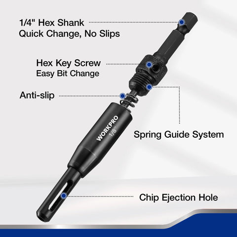 WORKPRO 1/4 in hex shank drill bit extension with quick-change, anti-slip grip and spring guide system (side view)