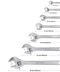 Set of adjustable wrenches with sizes from 6 to 24 inches, including Heavy Duty 15 Inch Adjustable Wrench Built Tough With Drop Forged Steel.