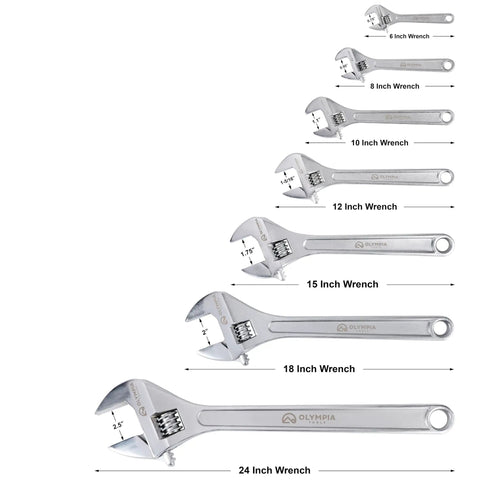 Set of adjustable wrenches with sizes from 6 to 24 inches, including Heavy Duty 15 Inch Adjustable Wrench Built Tough With Drop Forged Steel.