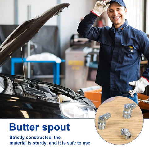 Mechanic with grease nipple fittings kit near open car hood showing lubrication connectors and locking caps