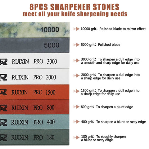 8 Pc Knife Sharpening Stones Set For Fixed Angle Knife Sharpeners RX-008 RX-009 Pro Grade Whetstone Kit with grits labeled 180 to 10000