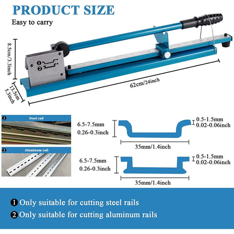 Manual Double Groove Rail Cutter Tool For Slotted Aluminum With 50cm Ruler featuring steel and aluminum rail diagrams, size details.