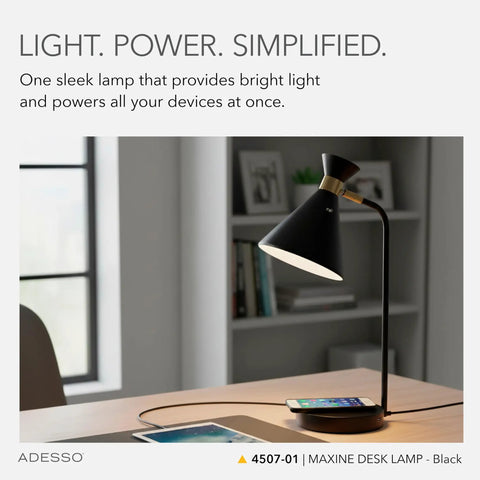 Desk with All-in-One Desk Lamp With Qi Wireless Charging Pad And USB Port, Adjustable Shade, Matte Black And Brass Finish