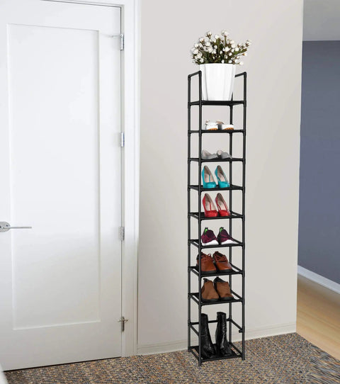Solid 10 Tier Vertical Shoe Rack To Store Kicks And Casual Sneakers With Heavy Duty Space Saving Closet Organizer And Strong Iron Pipes With Waterproof Fabric Layers That Holds 10 Pairs Of Adult Footwear While Keeping Your Kicks Fresh And Ready To Go