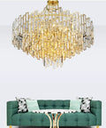 Sleek Crystal Ceiling Pendant Light With Modern Designer Shape And Energy Efficient Led Bulbs For Living Room Or Dining Area above green sofa.