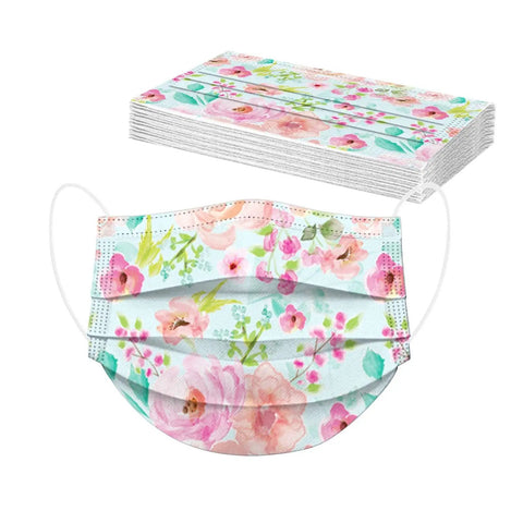Floral Print Disposable Face Masks For Glasses Wearers 3 Ply Breathable Anti Fog Face Cover With Adjustable Nose Wire 50 Pack