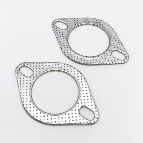 Premium 2.25 Inch Exhaust Gasket With Fire Ring For 60mm 2 Bolt Flange Graphite Construction showing two metallic gaskets with holes.