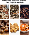 Various nuts and seeds including peanuts, walnuts, and coffee beans, showcasing different options for roasting.