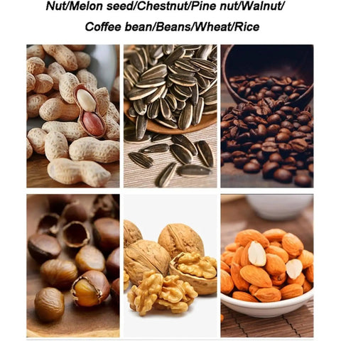 Various nuts and seeds including peanuts, walnuts, and coffee beans, showcasing different options for roasting.