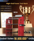 Power Tool Wall Mount Organizer With Charging Station, Heavy Duty 5-Layer Metal Garage Tool Rack, red, on display with certificate and trophy.